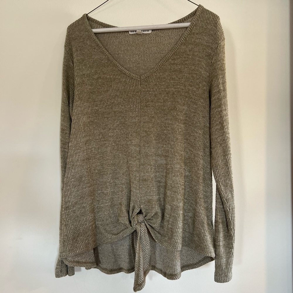Olive Green V-Neck Tie-Front Sweater